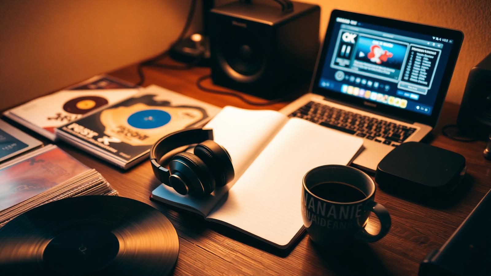 Vinyl records, headphones and a laptop streaming independent radio on a warmly lit desk