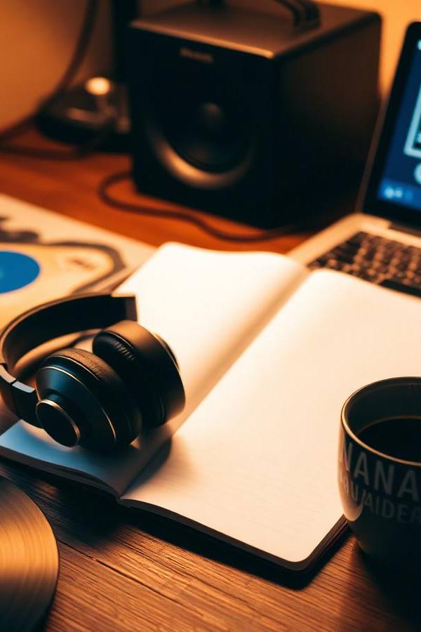 Vinyl records, headphones and a laptop streaming independent radio on a warmly lit desk
