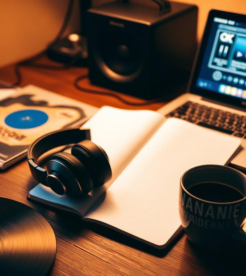 Vinyl records, headphones and a laptop streaming independent radio on a warmly lit desk