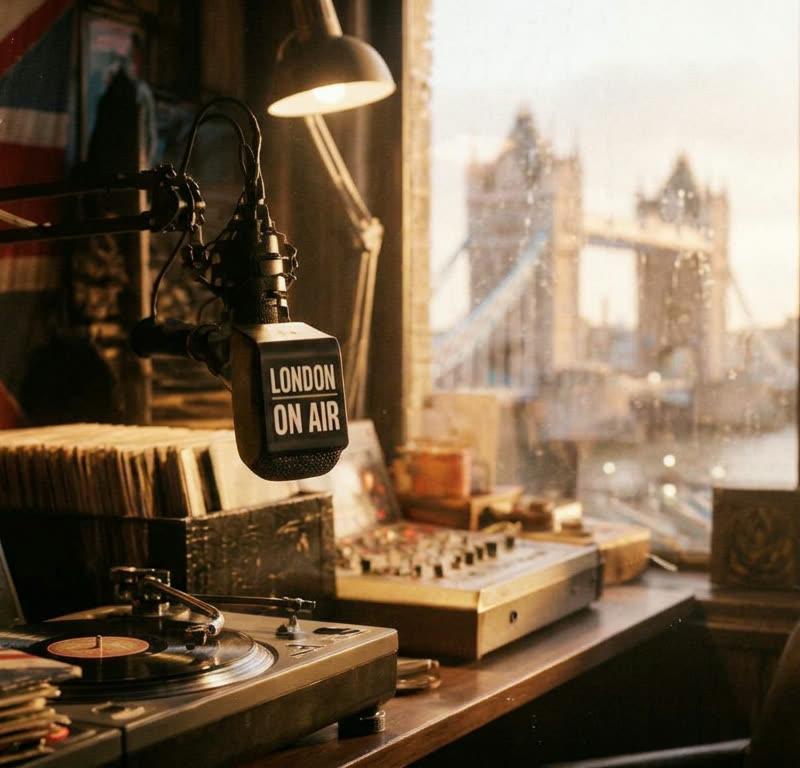 Warm vintage London indie radio studio at golden hour with Tower Bridge visible through rain-streaked window, Union Jack flag, vinyl records, and LONDON ON AIR microphone