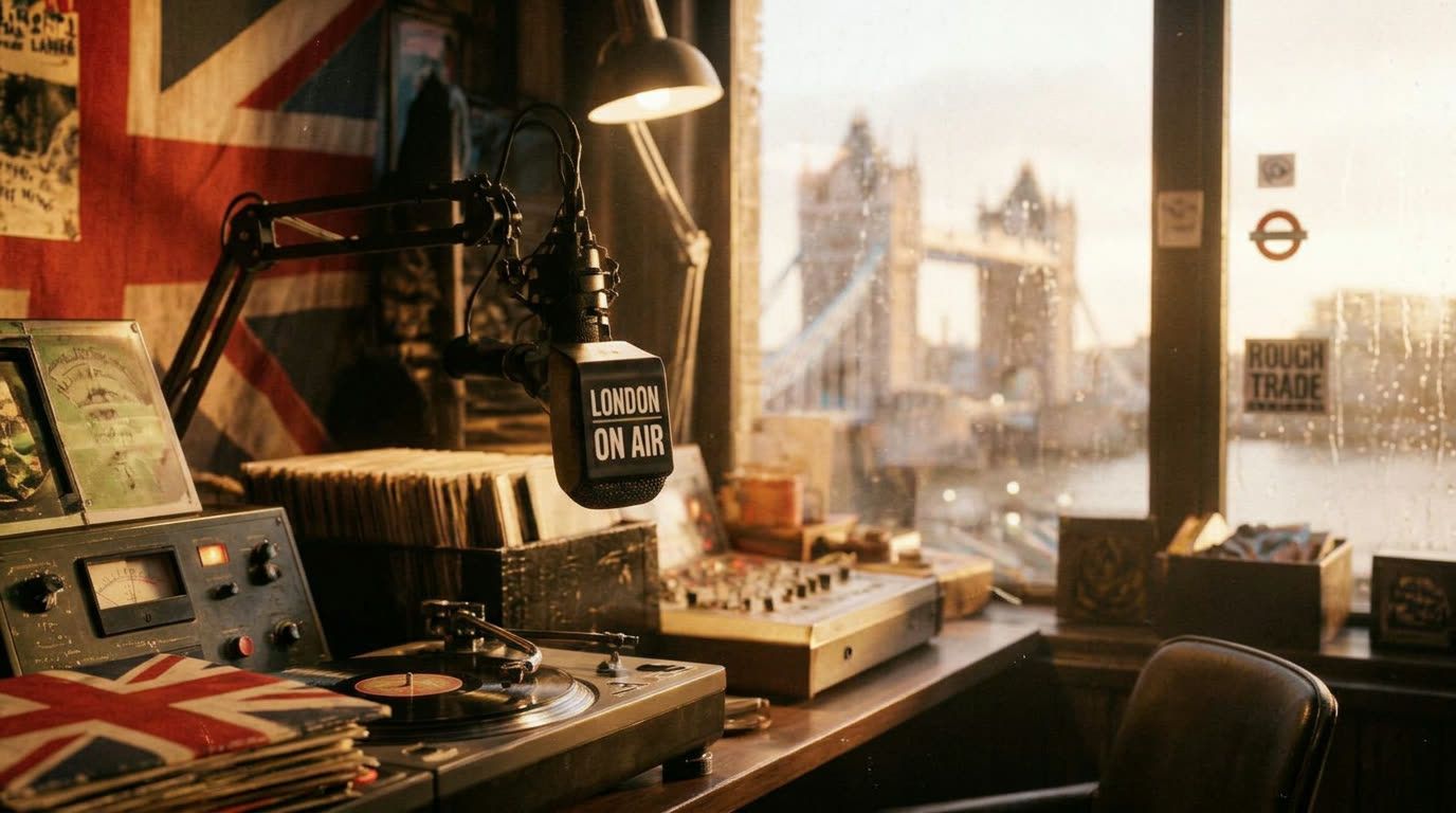 Warm vintage London indie radio studio at golden hour with Tower Bridge visible through rain-streaked window, Union Jack flag, vinyl records, and LONDON ON AIR microphone