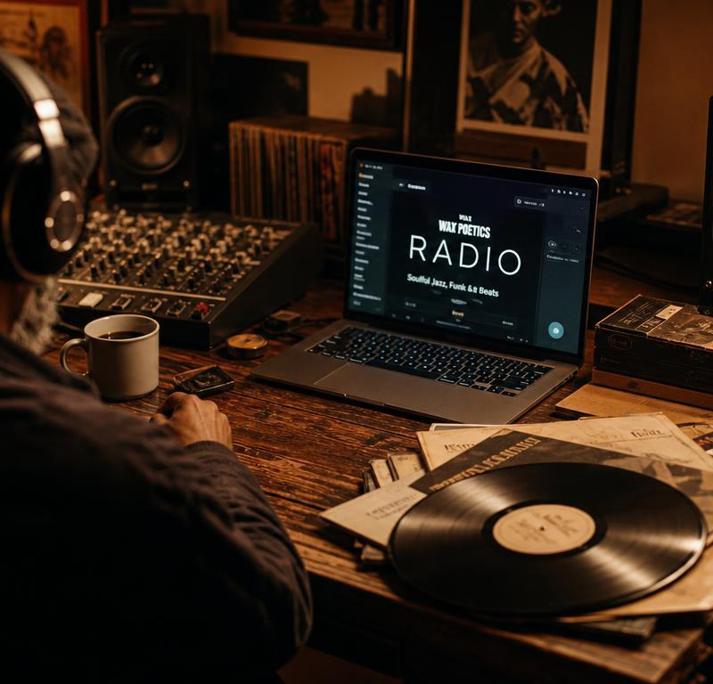 A person wearing headphones curates music at a warmly lit studio desk with vinyl records, studio monitors and a glowing radio interface