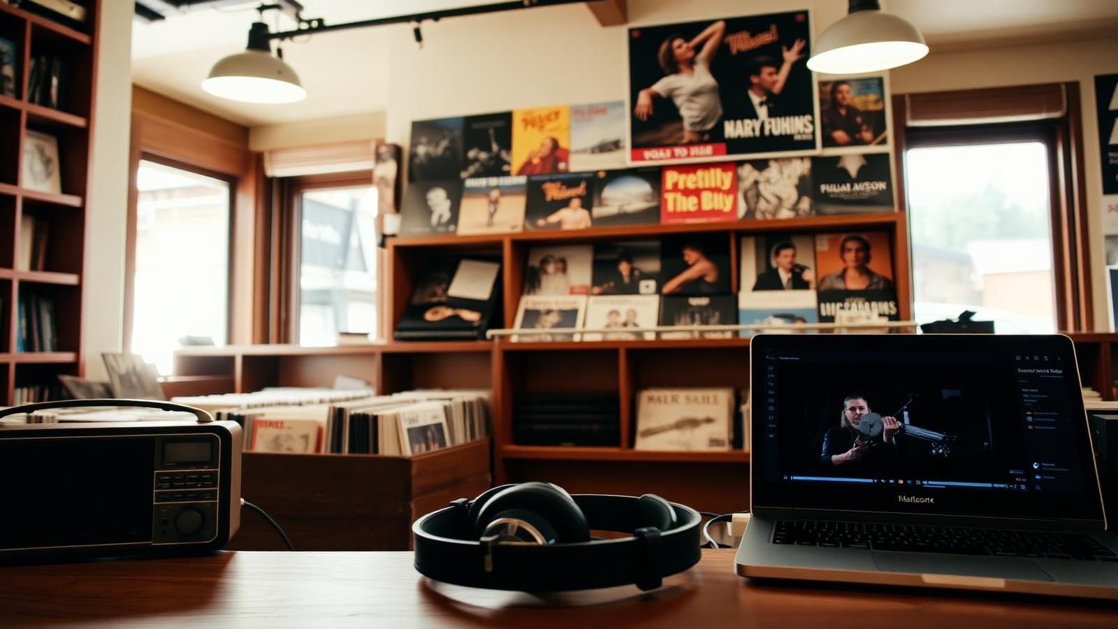 Independent record shop with vinyl, headphones, a vintage radio and a laptop streaming music
