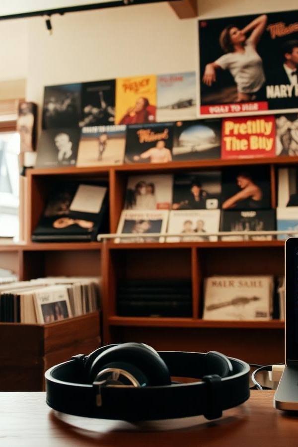Independent record shop with vinyl, headphones, a vintage radio and a laptop streaming music