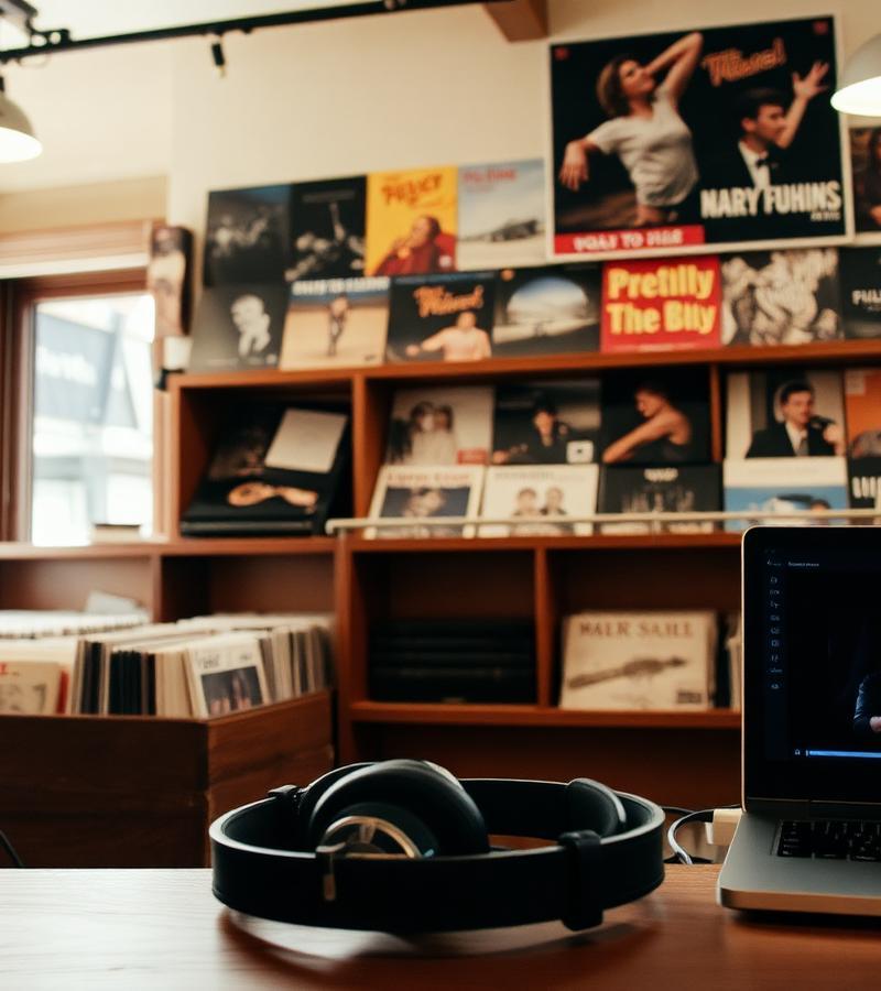 Independent record shop with vinyl, headphones, a vintage radio and a laptop streaming music