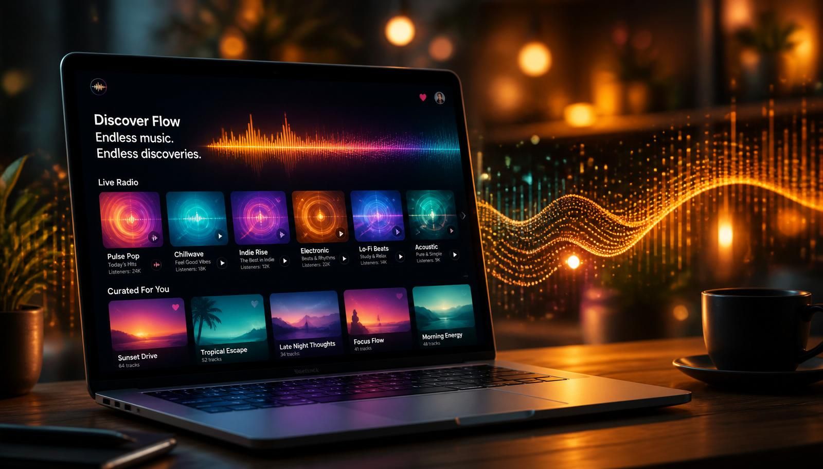 A modern laptop glowing with a colorful digital radio station interface, audio waveforms, and streaming visualizers in warm amber light