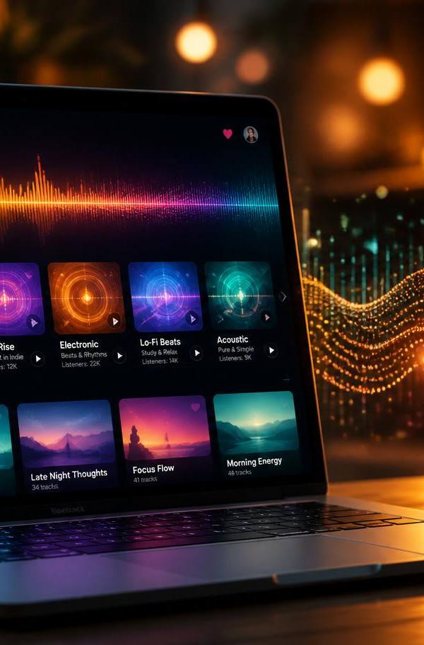 A modern laptop glowing with a colorful digital radio station interface, audio waveforms, and streaming visualizers in warm amber light