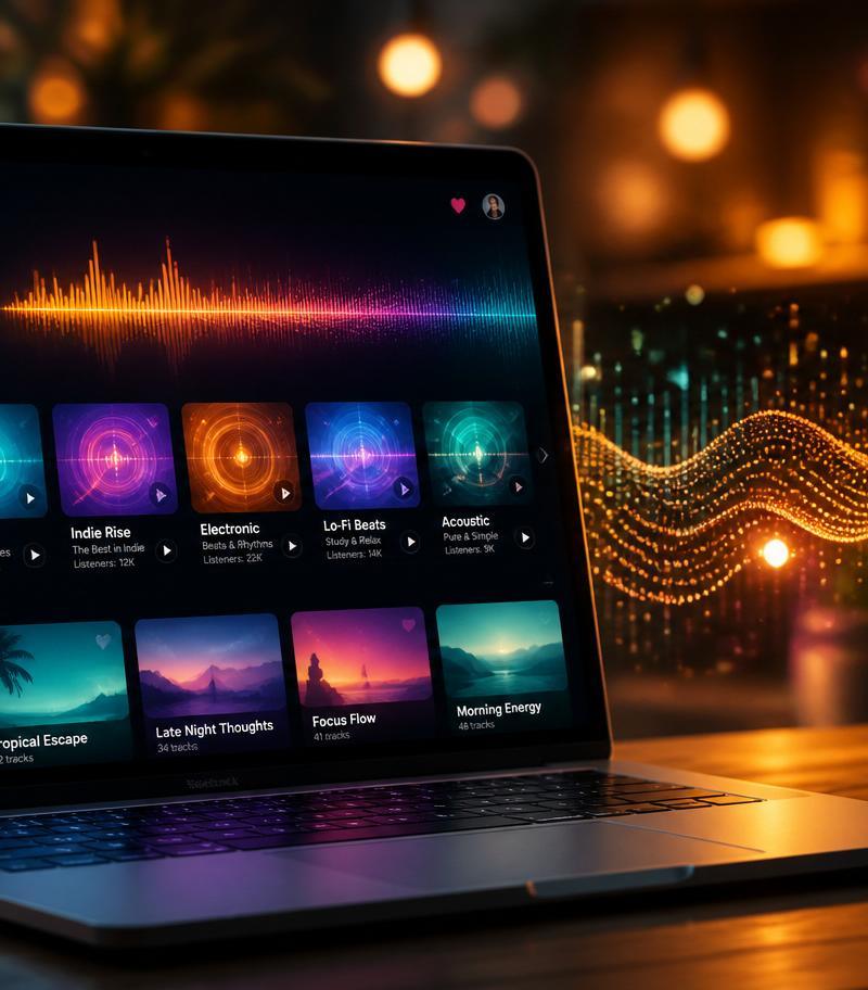 A modern laptop glowing with a colorful digital radio station interface, audio waveforms, and streaming visualizers in warm amber light