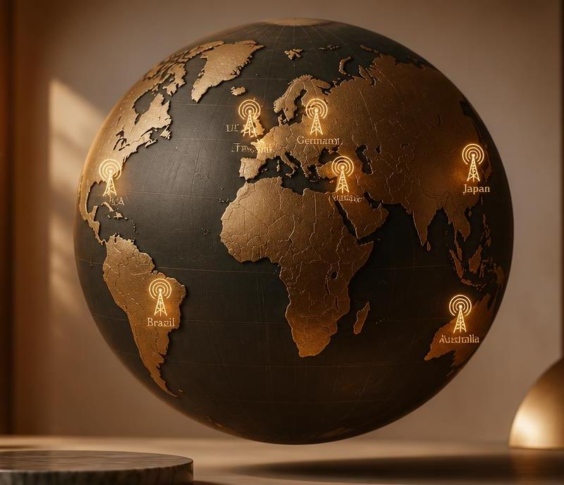 A globe with glowing radio station icons pinned across countries, representing the best free online radio stations from around the world