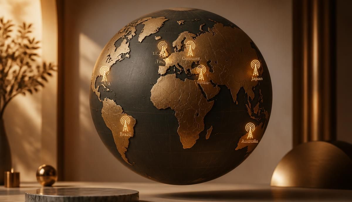 A globe with glowing radio station icons pinned across countries, representing the best free online radio stations from around the world